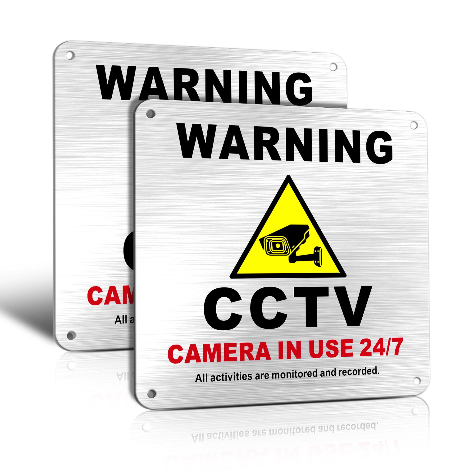 TAKULA Pre-drilled Aluminium CCTV Sign - 15 * 15cm Brushed Metal, 24 HR Outdoor Waterproof, UV Resistant, Durable | Pack of 2 — image 1