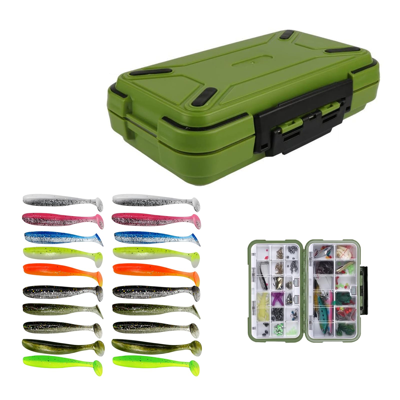 Fishing Tackle Box,RoadLoo Fishing-Lure-Boxes-Bait Multifunctional Fishing Accessories Storage Box 30 Compartment Waterproof Portable Fishing Tackle Box Waterproof with 20 Soft Plastic Lures (green)