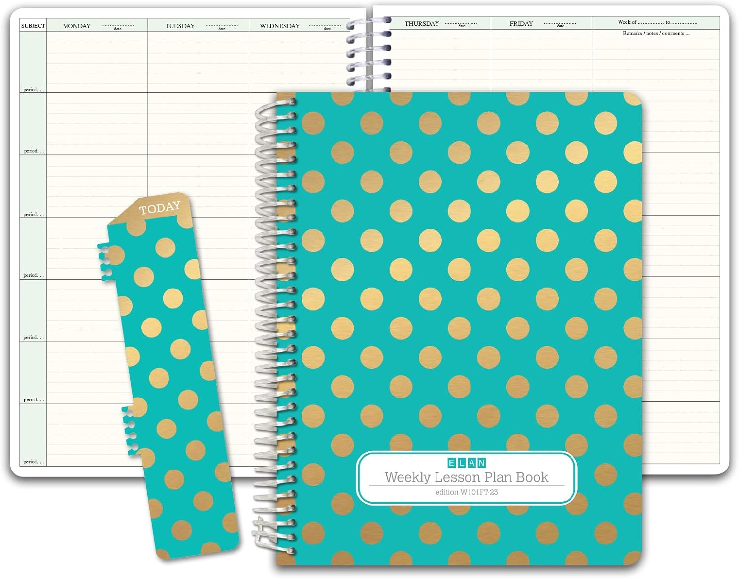HARDCOVER 7 Period Teacher Lesson Plan; Days Horizontally Across The Top (W101) (+) Bonus Clip-in Bookmark (Gold Dots Turquoise)