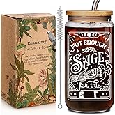 Funny Witchy Tarot Card Skeleton Coffee 16oz Glass Cup Gift for Women Men - Not Enough Sage, Novelty Witchy Witch Witchcraft Birthday Can Glass with Lid and Straw Presents for Friends Coworker Boss