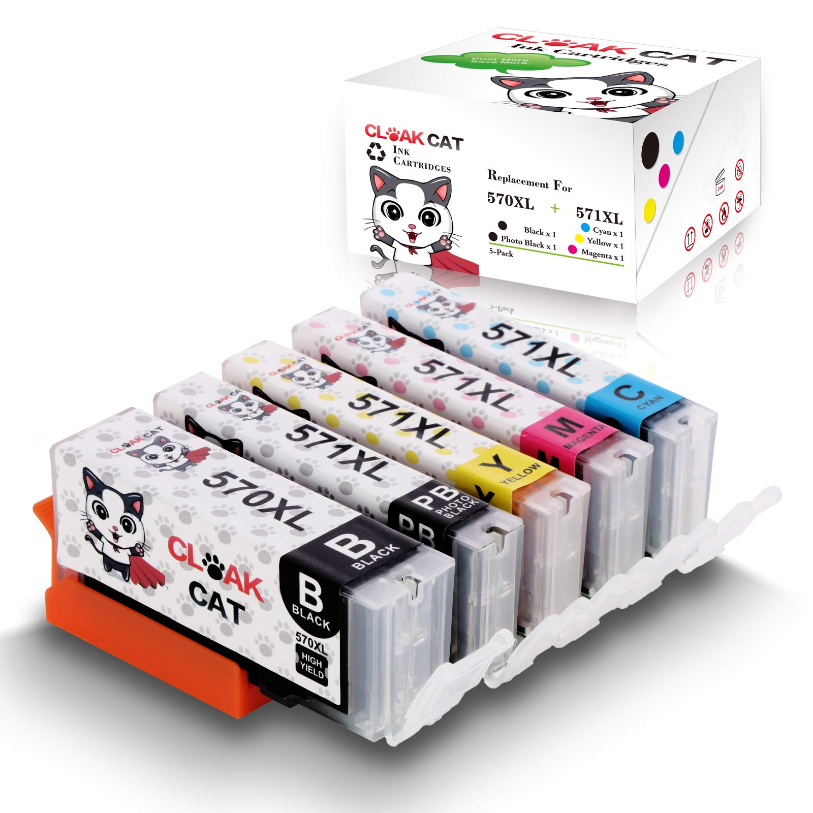CLOAK CAT Compatible Ink Cartridges Replacement for Canon PGI-570XL 570 CLI-571XL 571 XL for Pixma MG6853 MG5750 5751 5753 TS6052 6850 6851 6852 TS5050 5051 TS5053 6050 Printer 5-Pack(PBK&BK&C&M&Y)