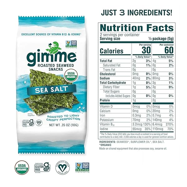 GIMME SEAWEED ORGANIC PREMIUM ROASTED SEAWEED SNACKS, SEA SALT, 10G SHARING PACK (SINGLE) KETO, VEGAN, GLUTEN-FREE, GREAT SOURCE OF OMEGA3S AND IODINE, HEALTHY ON-THE-GO SNACK FOR KIDS AND ADULTS