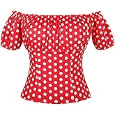 YARN & INK Women's 1950s Vintage Pinup Tops, Back Elastic Waist Cute Rockabilly Off Shoulder Shirt, Short Sleeves Blouse