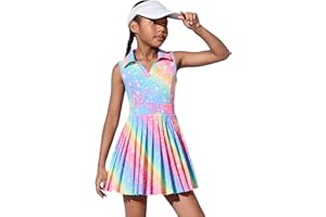 JiAmy Girls Tennis Dress Sleeveless Polo V Neck Athletic Dress Cutout Back Printed Pleated Girls Golf Dresses 3-12 Y