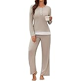 Blooming Jelly Women 2 Piece Pajama Set Button Up Color Block Soft Fall Lounge Sets Wide Leg Pants Sleepwear Pockets