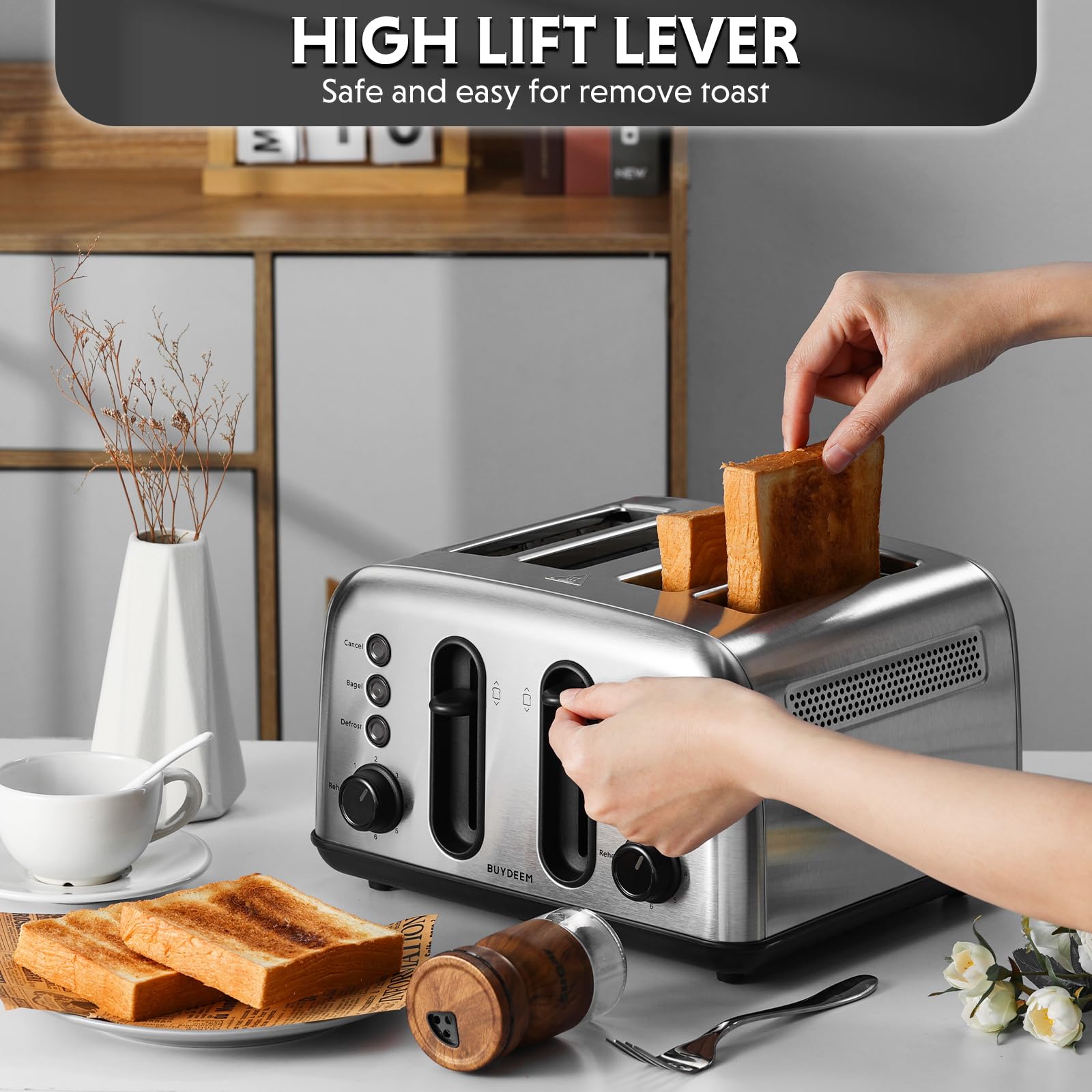 BUYDEEM DT440 Tostadora de 4 rebanadas, Tostadora de acero inoxidable con ranuras extra anchas para bagels, muffins, palanca de elevación alta, 6 configuraciones de sombra, plateado retro