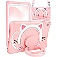 Wazzasoft for Samsung Galaxy Tab A8 10.5 Case Girls Cute Cat Kawaii Cover Girly 3D Cartoon Women Kitten with Rotating Handle Stand & Strap Soft Silicone Funda for Samsung A8 Tablet Cases