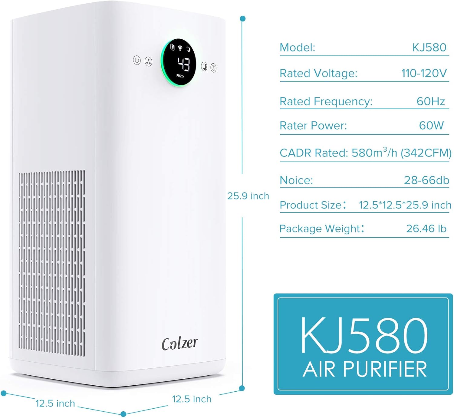 COLZER KJ580 Air Purifier with True HEPA Air Filter, Intelligent Wi-Fi App Control, 3-Stage Filtration, for Spaces Up to 1100 Sq Ft, Perfect for Bedroom/Home/Office with Filter: Home & Kitchen
