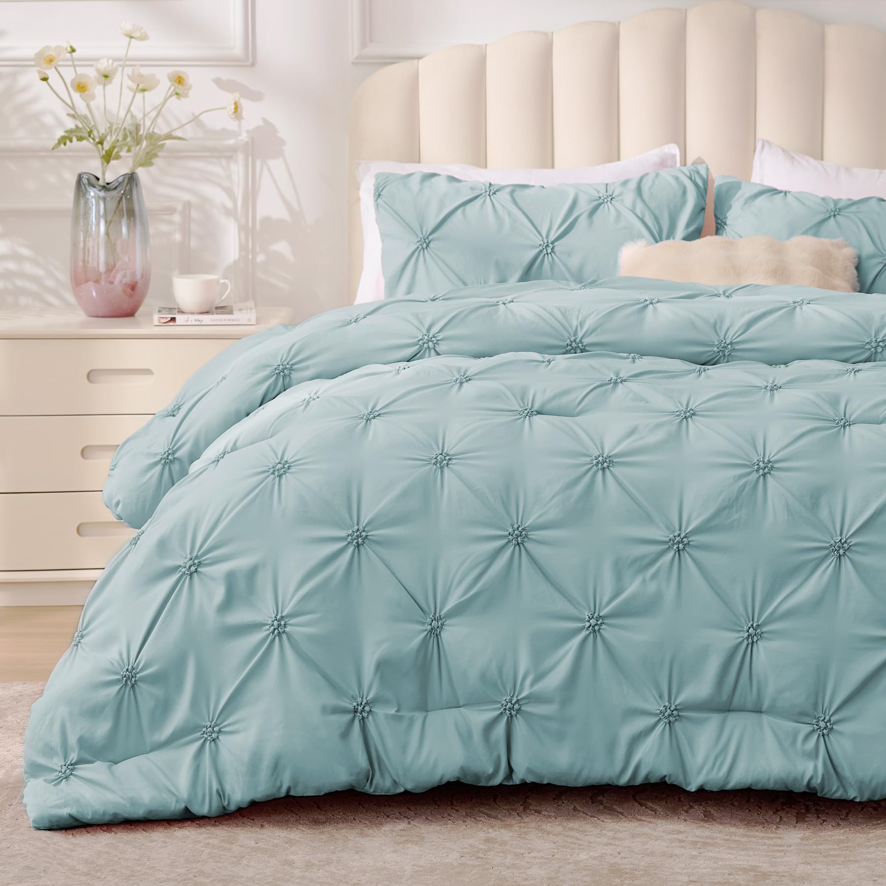 Photo 1 of BEDELITE Dusty Blue Queen Comforter Set - 3 Pieces Boho Pintuck Bedding Comforter Sets, Lightweight Soft & Warm Bed Comforter Queen with 2 Pillowcases for All Season
