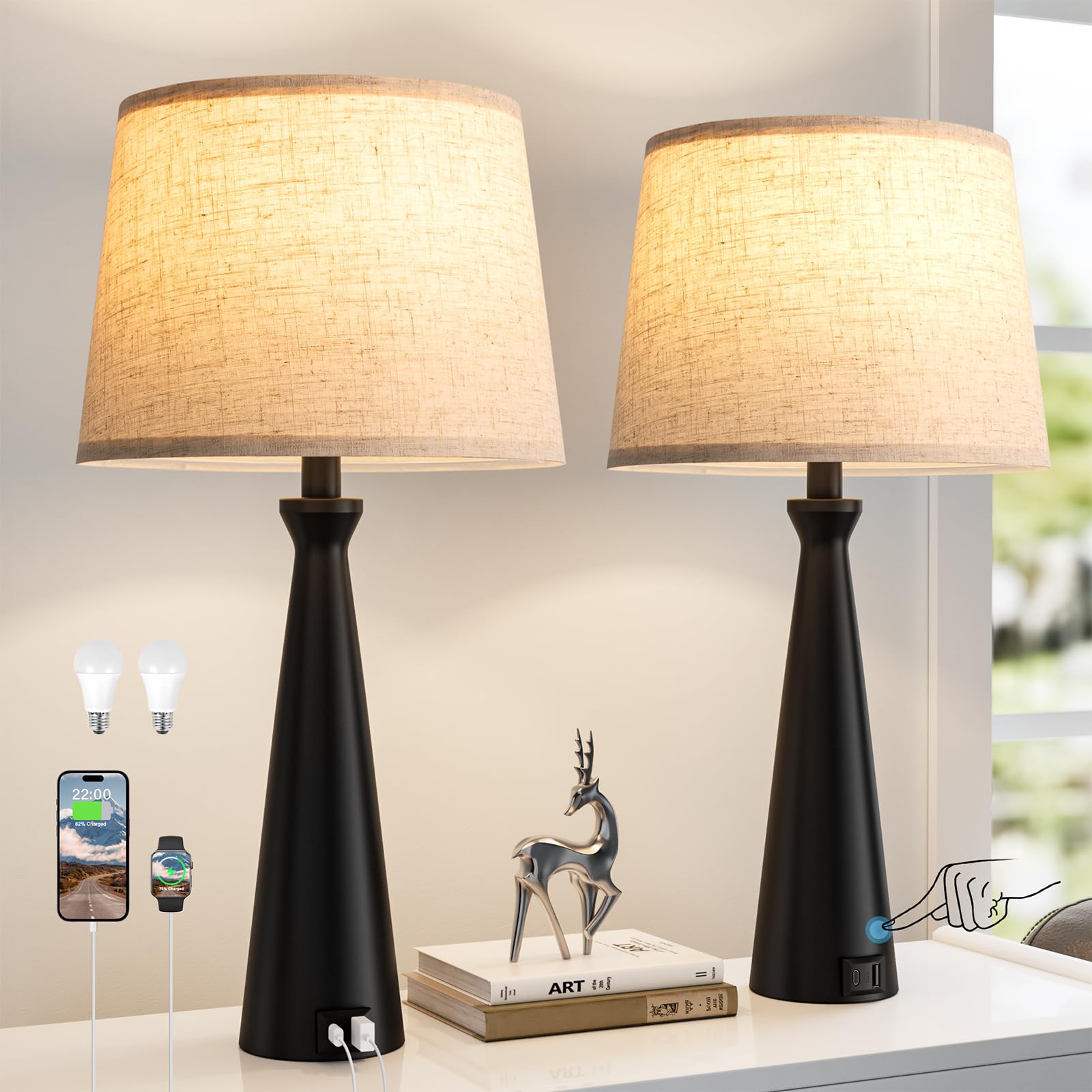 Photo 1 of Seealle Modern Table Lamps Set of 2 - Touch Bedside Lamp for Nightstand with USB C+A,3-Way Dimmable Black Nightstand Lamps for Living Room Bedroom End Table with Beige Shade(Bulb Included)