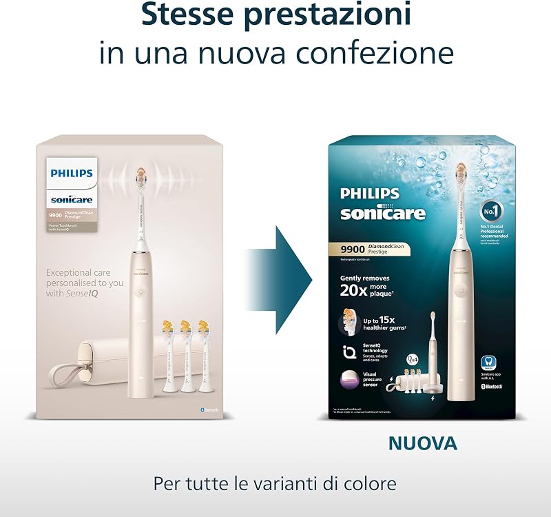 Sonicare DiamondClean 9900 Prestige- Spazzolino elettrico con tecnologia SenseIQ e app, 5 modalità di pulizia, 3 livelli di intensità, custodia da viaggio per la ricarica, nero, HX9992/43