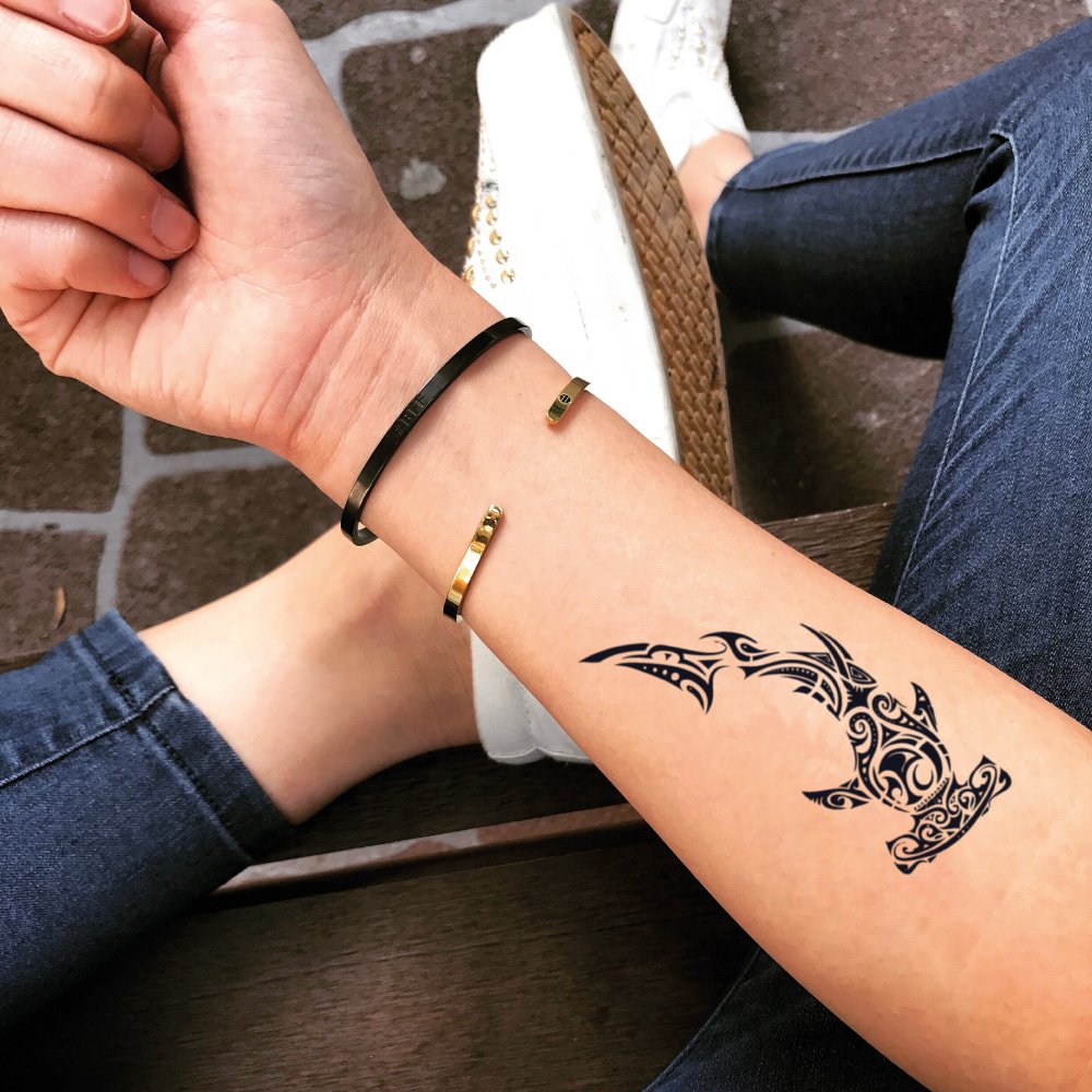 Hammerhead Shark Temporary Fake Tattoo Sticker (Set of 2) - www.ohmytat.com