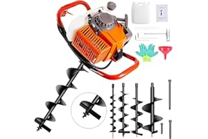 PRIJESSE 62cc Post Hole Digger 2-Stroke Petrol Gas Powered Earth Digger with 3 Extension Rods（8" 12" & 20"） + 4 Auger Drill Bits (4" 6" 8" & 12") for Farm Garden Plant