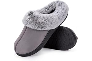 HomeTop Women's Classic Microsuede Memory Foam Slippers Durable Rubber Sole with Warm Faux Fur Collar