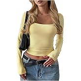 SOLY HUX Women's Long Sleeve Square Neck T Shirt Slim Fitted Tee Fall Crop Going Out Tops