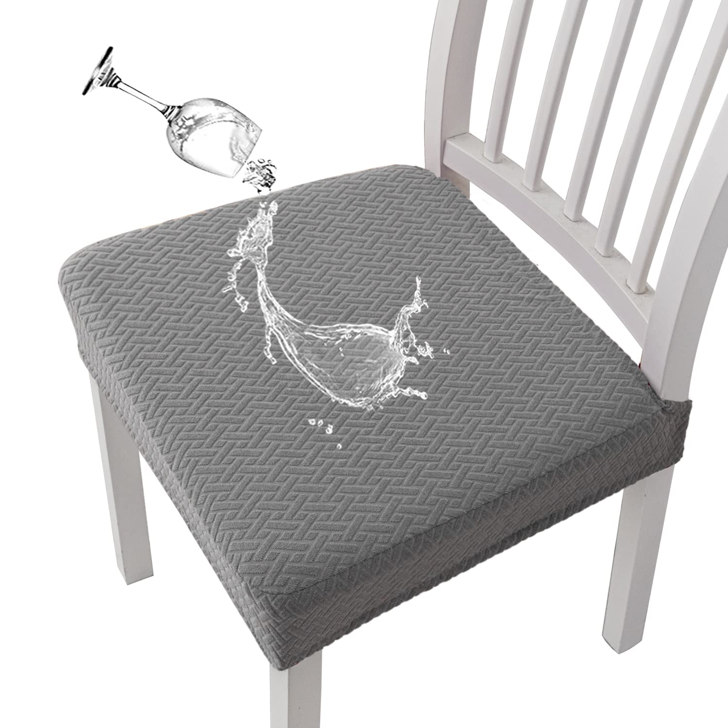 KELUINA Stretch Lattice Jacquard Waterproof Chair Seat Covers for Dining Room 1/2/4/6 PCS Chairs Covers Dining Chair Covers Kitchen Chair Covers (Light Gray,4 Pcs)