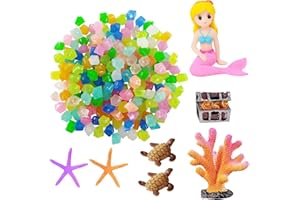 Muzero Fish Tank Aquarium Decoration Set, Mini 100pcs Glowing Pebbles Liminous Rocks, Teatle Mermaid Starfish Coral Treasure Chest Ornaments for Micro Landscape Waterscape Fish Tank Aquarium Decor