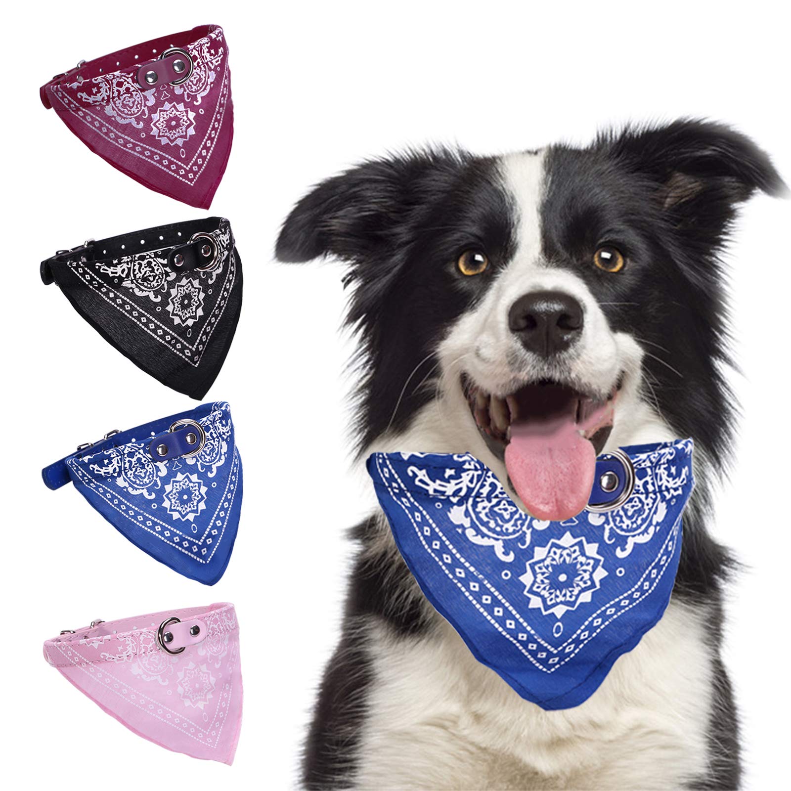 HACRAHO Dog Bandana Collar, 4 Pieces Adjustable Dog Bandana Collar Pet Triangle Bibs Leather Collar for Small Medium Dogs, Purple, Pink, Blue, Black, M