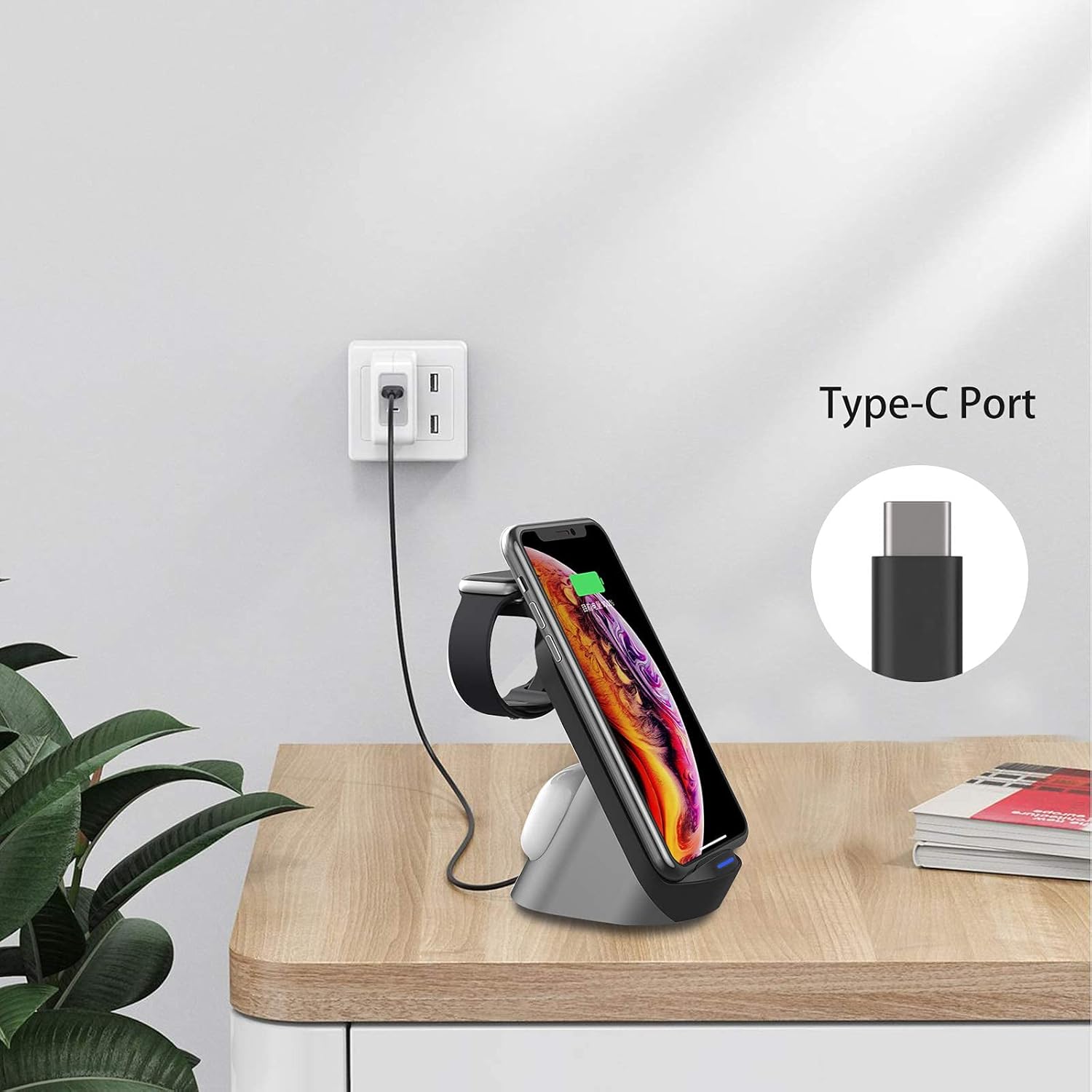Wireless Charging Stand–3 in 1 Fast Wireless Charger–Qi Charging Station Dock Compatible with iPhone 12/11/11pro/11pro Max/X/XS/XR Fit for AirPods Pro Apple Watch SE 6/5/4/3/2-Black