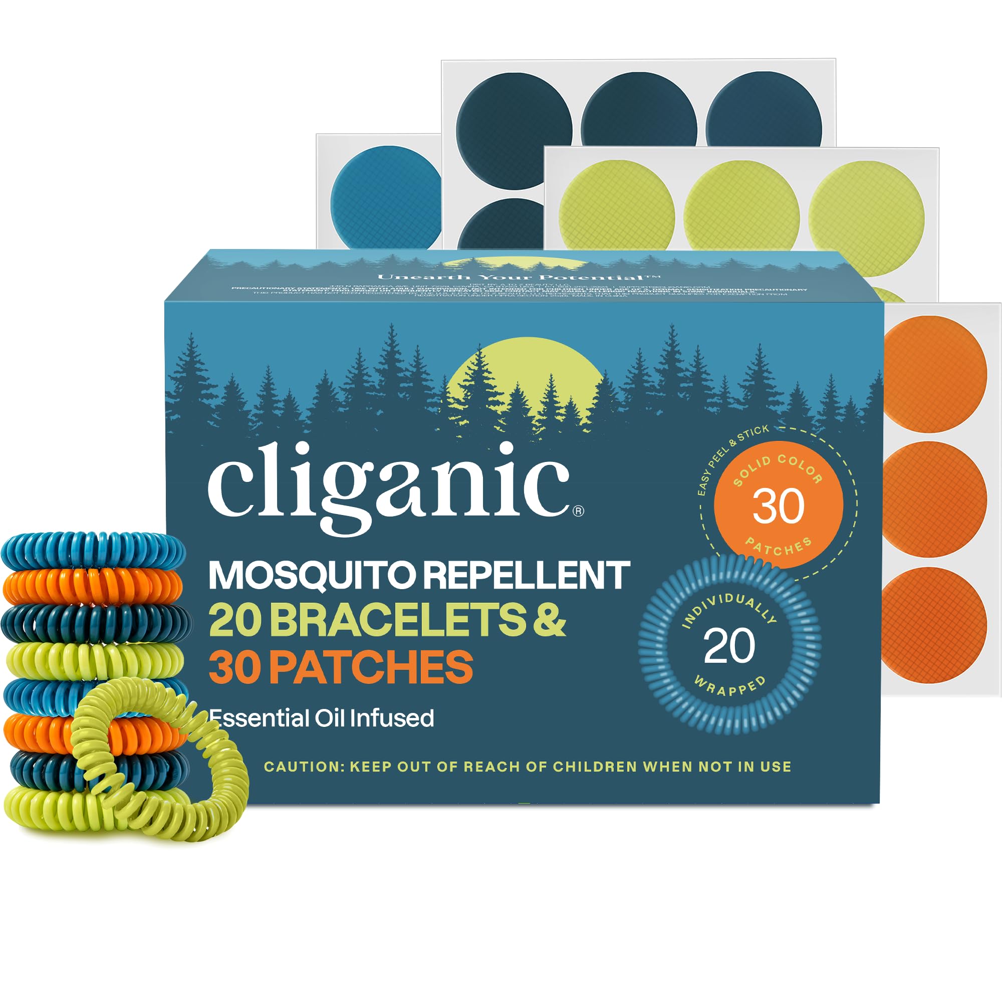 Photo 1 of Cliganic Mosquito Repellent Bracelet Stickers Pack for Kids & Adults Multi Color, Natural DEET-Free, Essential Oil Infused 20 Bands with 30 Patches, Citronella Scent (50)