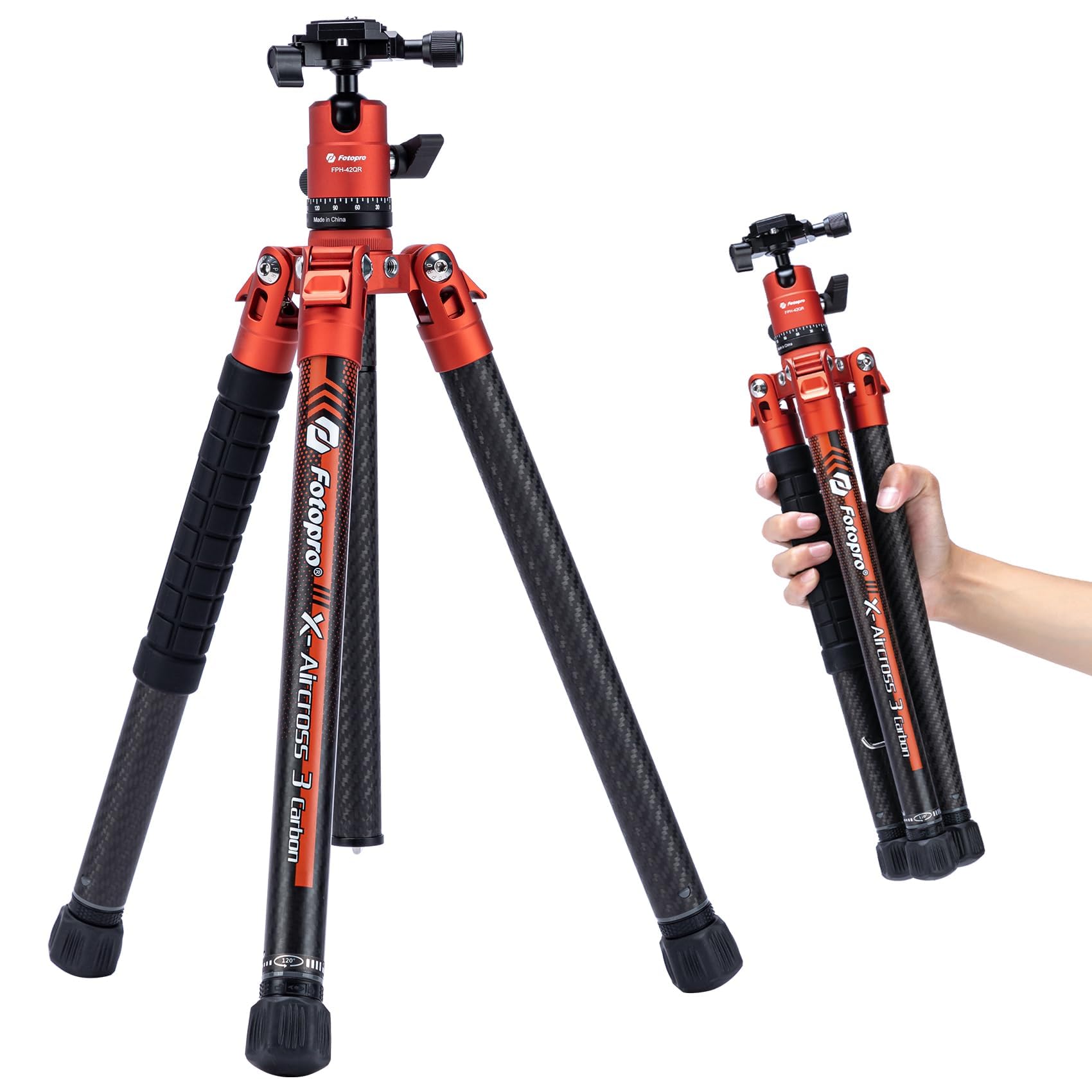 Fotopro 163CM Carbon Fiber Camera Tripod with Monopod Ball Head 360 1/4 Quick Release Plate Lightweight Travel Tripod for Camera Maximum Load 12kg X Aircross 3 Orange