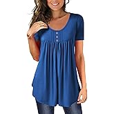 BeadChica Women's Tunic Tops For Leggings Short Sleeve Shirts Botton Up Casual Ruched Blouses Clothing-Blue-M
