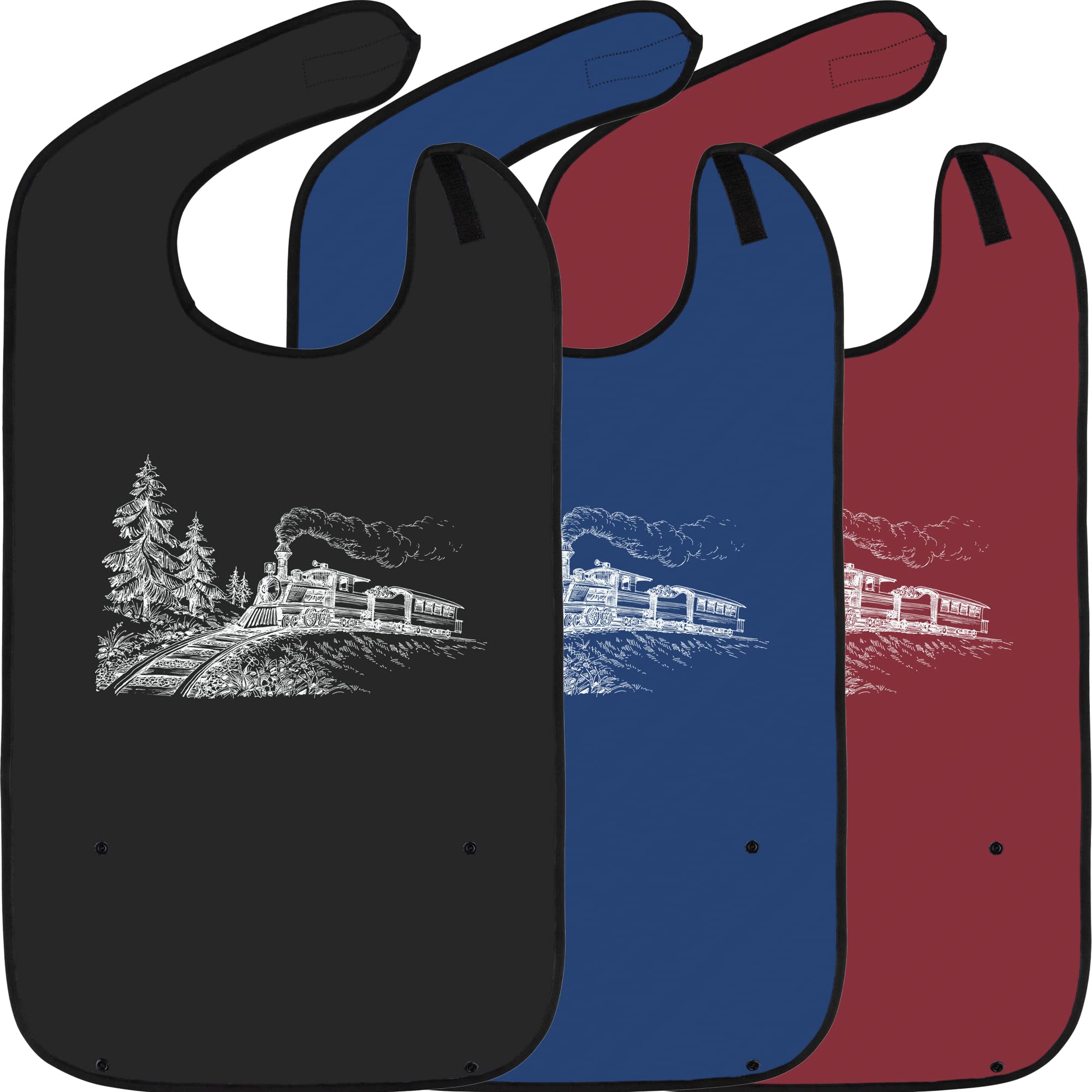 Adult Bibs for Eating: 3 Pack - Reusable Adult Size Bib for Men - Machine Washable Waterproof Clothing Protector with Crumb Catcher - Steam Train Edition