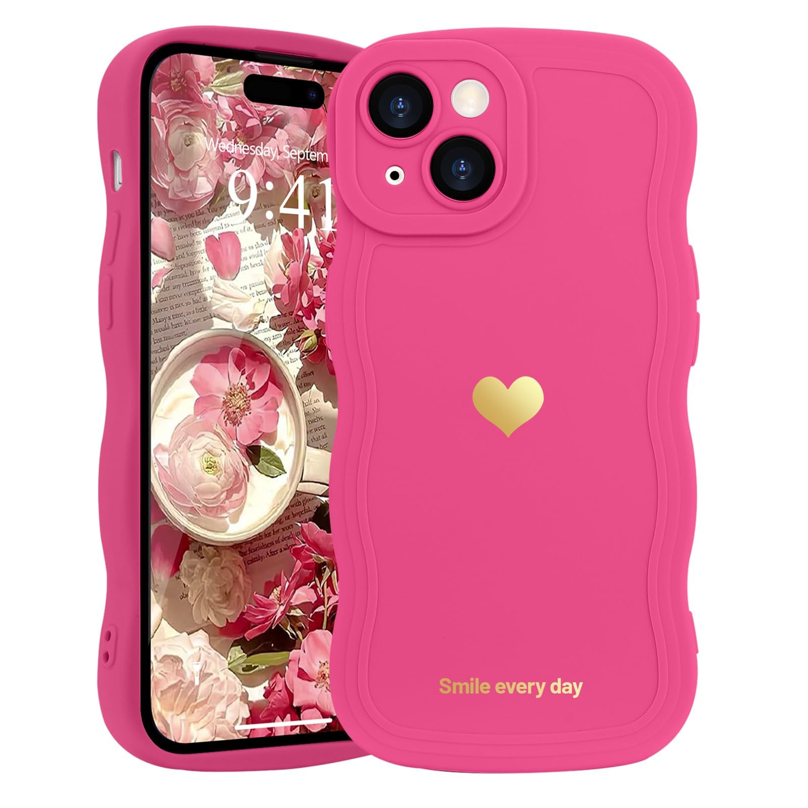 LAPOPNUT for iPhone 15 Plus Case,Cute Curly Wave Frame Love Heart Phone Case for Girls Women,Soft Silicone TPU Bumper Shockproof Camera Protective Cover for iPhone 15 Plus 6.7 inch,Hot Pink