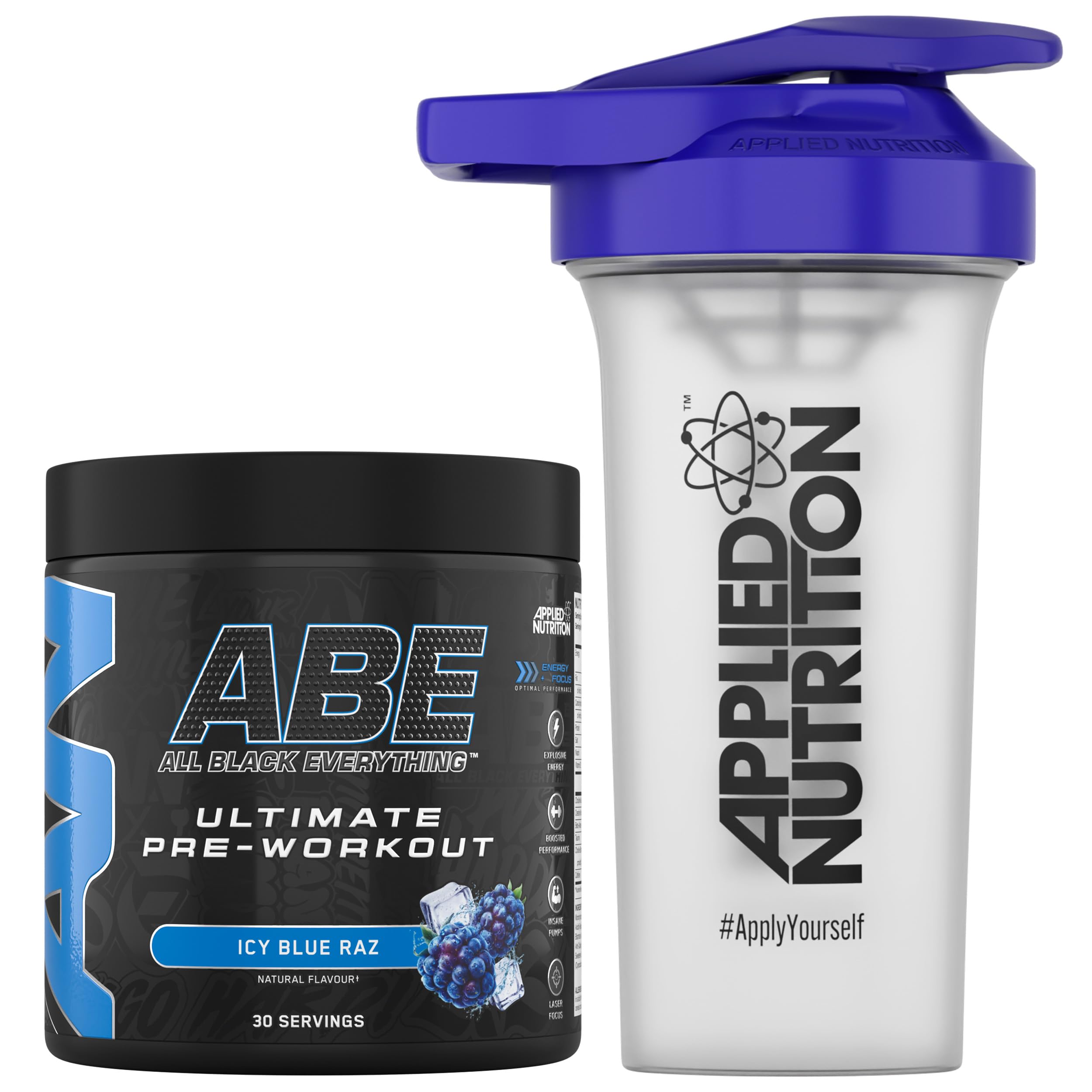 Applied Nutrition Bundle ABE Pre Workout 375g + 700ml Protein Shaker | All Black Everything Pre Workout Powder, Energy & Physical Performance with Creatine, Beta Alanine (ICY Blue Raz)