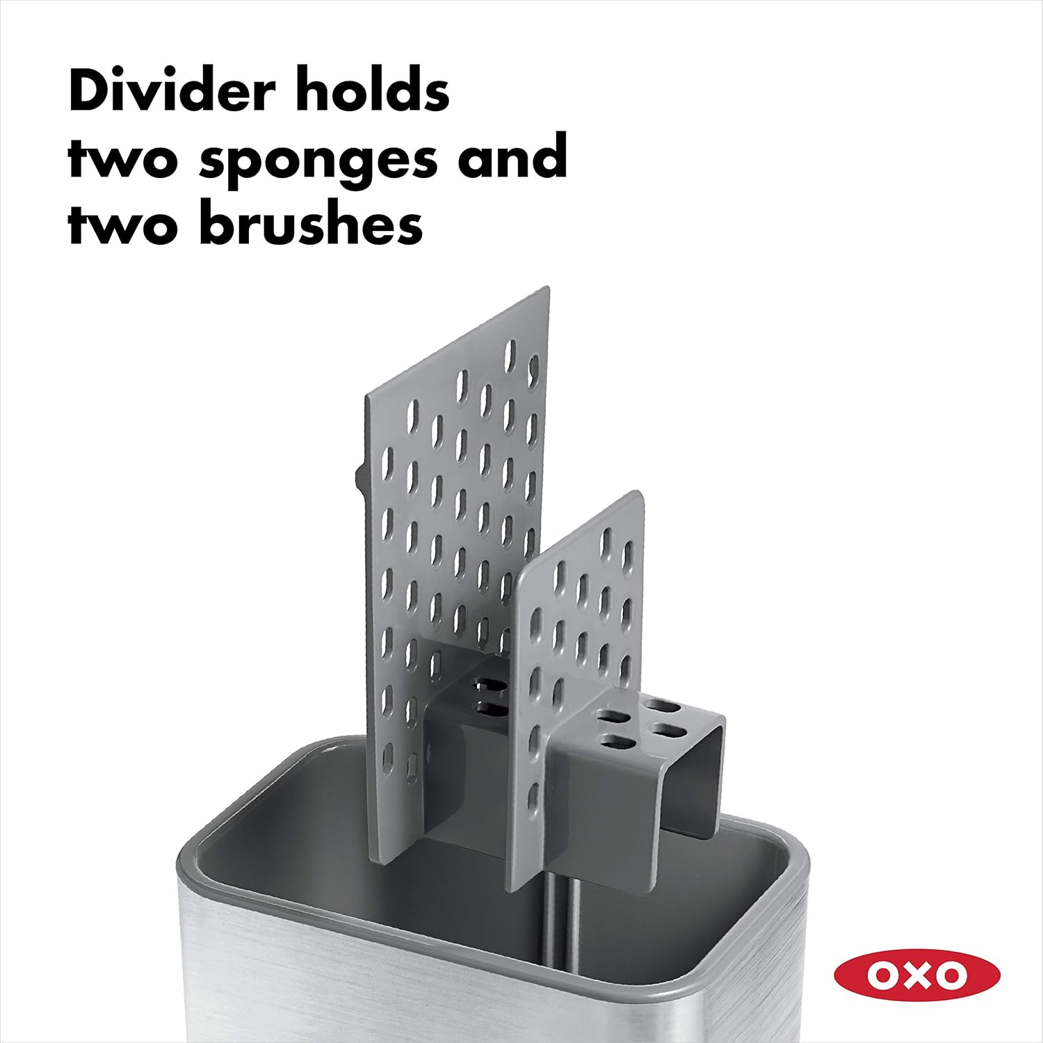 OXO Good Grips Sinkware Caddy, Stainless Steel, Compact, Ventilated Divider, Removable Drip Tray with Pour Spout, Silver - Image 4