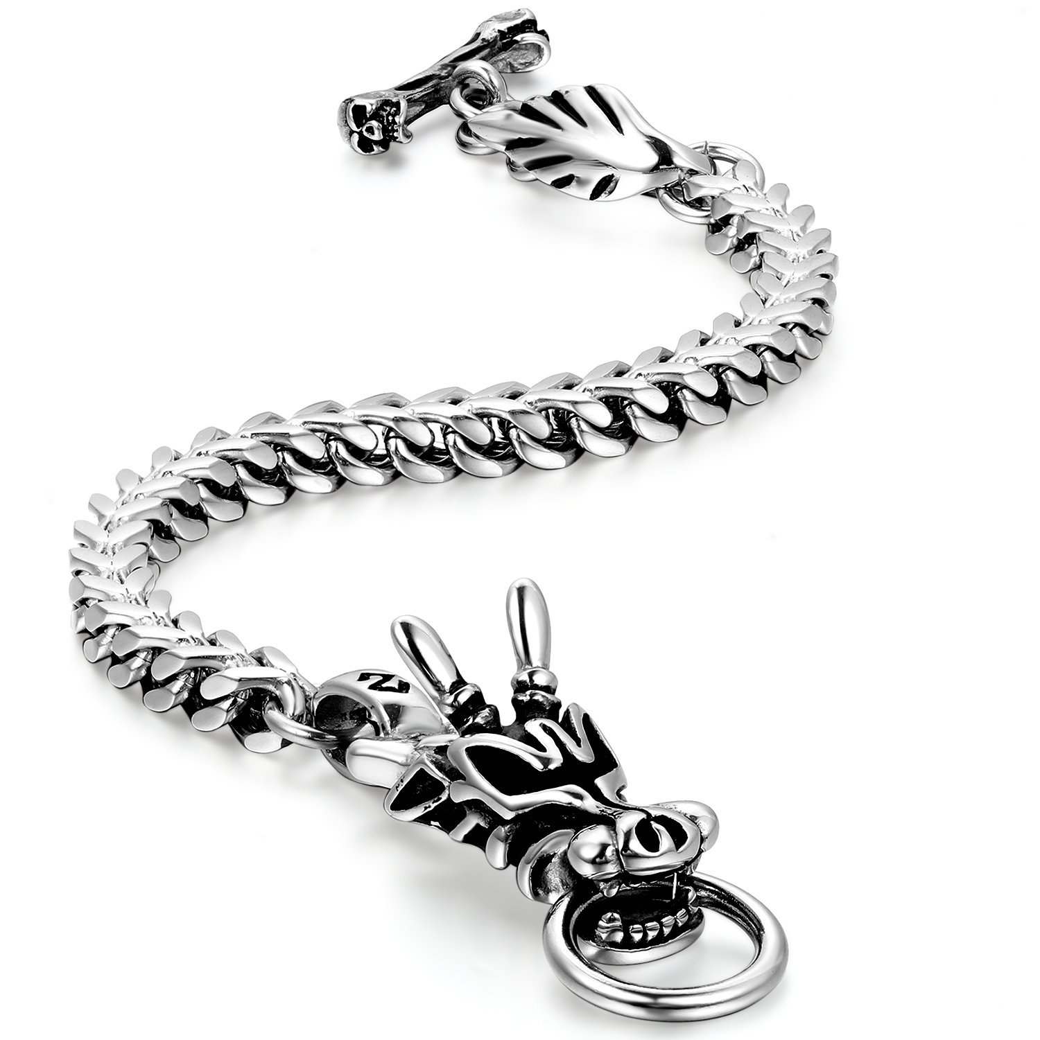 JewleryWe Biker Mens Gothic Style Stainless Steel Curb Chain Dragon Bracelet Toggle Clasp 9.4 Inch