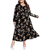 Moon Wood Women's Plus Size Maxi Dress Empire Waist Crew Neck Long Sleeve Dress with Pockets, Long Casual Dreses Daily Wear