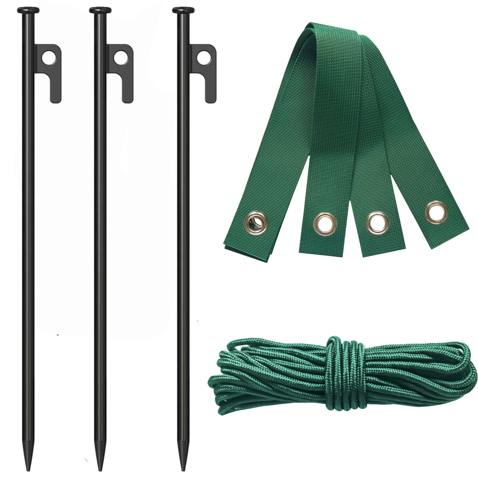 Photo 1 of DasTior 3 Pcs Heavy Duty Steel Tree Stake Kit, Tree Supports for Leaning Tree Protection with 3 PCS 11.8" Steel Tree Stakes, 3 PCS 15.8" Tree Straps?32.8 FT Rope