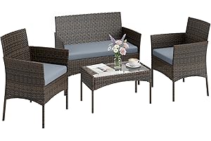 Outsunny 4 Pieces Wicker Patio Furniture Set, PE Rattan Outdoor Conversation Set with Loveseat, 2 Chairs, Tempered Glass Coff