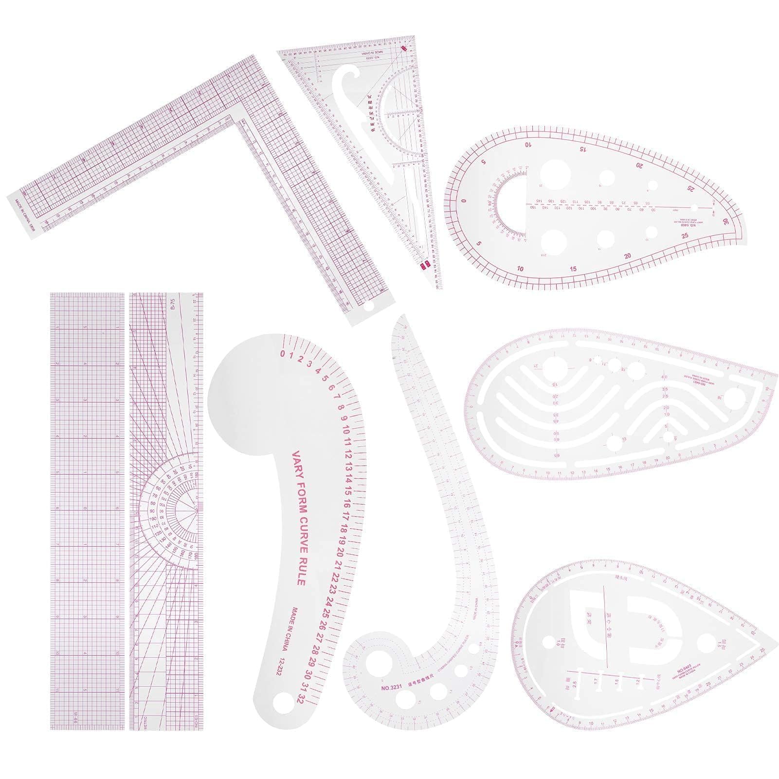 9Pcs Fashion Clear Metric Sewing Ruler Set, French Curve Pattern Comma Rulers Measure Sewing Supplies for DIY Sewing Cutting Pattern Making, Tailors, Designers, Beginners