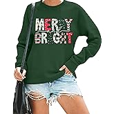 Christmas Sweatshirt women Merry and Bright Graphic Pullover Christmas Letter Print Long Sleeve Xmas Gift Holiday Tops