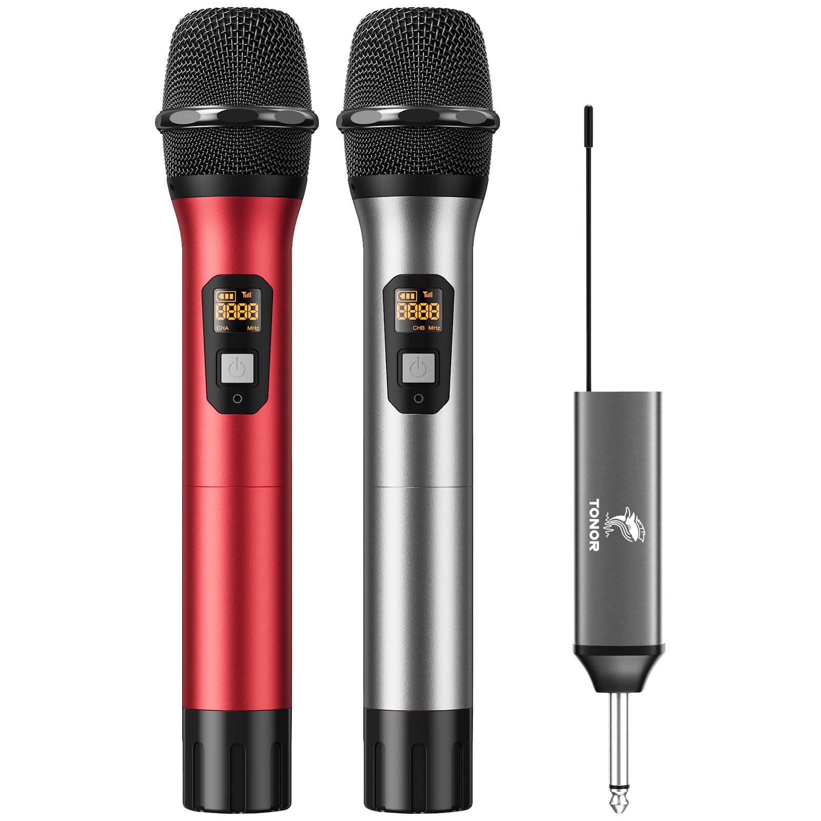 TONOR TW630 Wireless Microphone, UHF Dual Cordless Metal Dynamic Mic System with Rechargeable Receiver, for Karaoke Singing, Wedding, DJ, Party, Speech, Church, Class Use, 60 m,Silver&Red