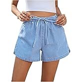 Floerns Women's Elastic Waist Drawstring Denim Shorts Wide Leg Casual Jean Shorts with Pocket