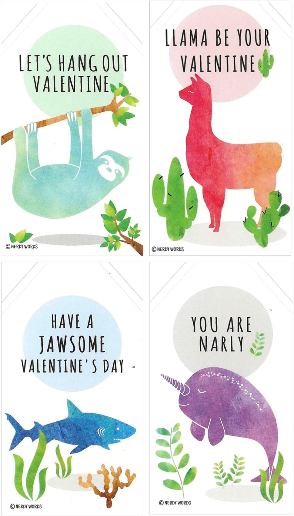 Mini Llama Sloth Narwhal Shark Valentines (Wallet-Sized Cards with Tiny Envelopes) for Valentine's Day by Nerdy Words (Set of 24)