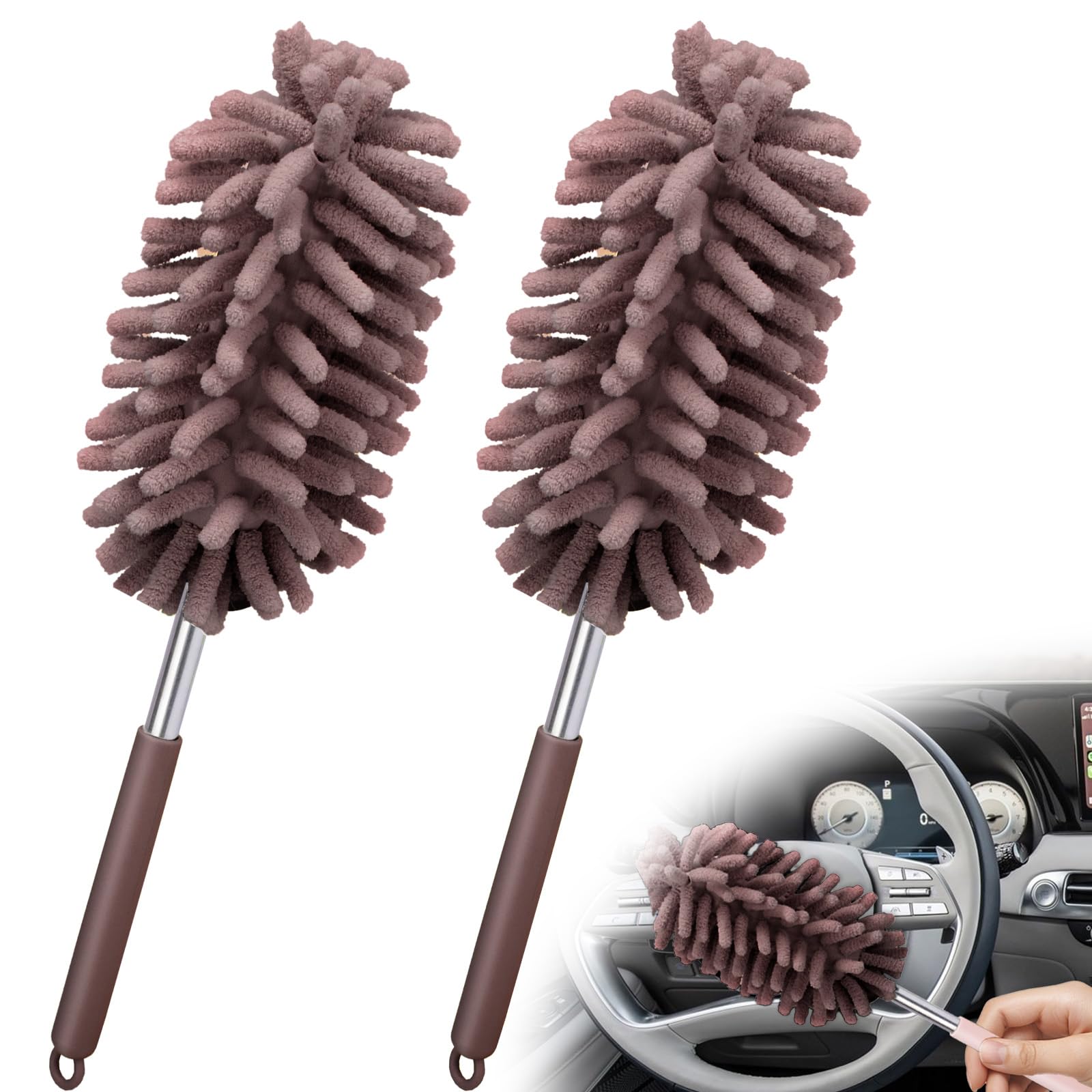 Photo 1 of 2 PCS Car Interior Duster with Extension Pole, Microfiber Car Dusters with Bendable Head, Cars Duster Exterior&Interior Scratch Free, for Cleaning of Vehicle Details, Offices, Window, Furniture(Brown)