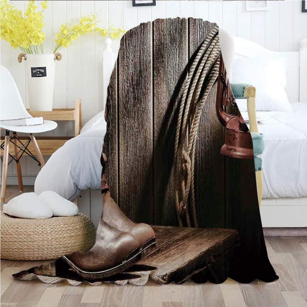 Ylljy00 Western Decor,Throw Blankets,Flannel Plush Velvety Super Soft Cozy Warm with/Dallas Cowboys and Lantern on a Bench in Vintage Ranch Nostalgic Folkloric Print/Printed Pattern(70"x 90"),Brown