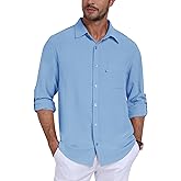 MoFiz Mens Button Down Shirts Long Sleeve Casual Linen Shirts with Pockets Beach Vacation Spring Shrits