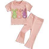 Infant Baby Girl Easter Outfit Knit Ruffle Short Sleeve Shirts with Pants Set Toddler Baby Girl Bunny Clothes