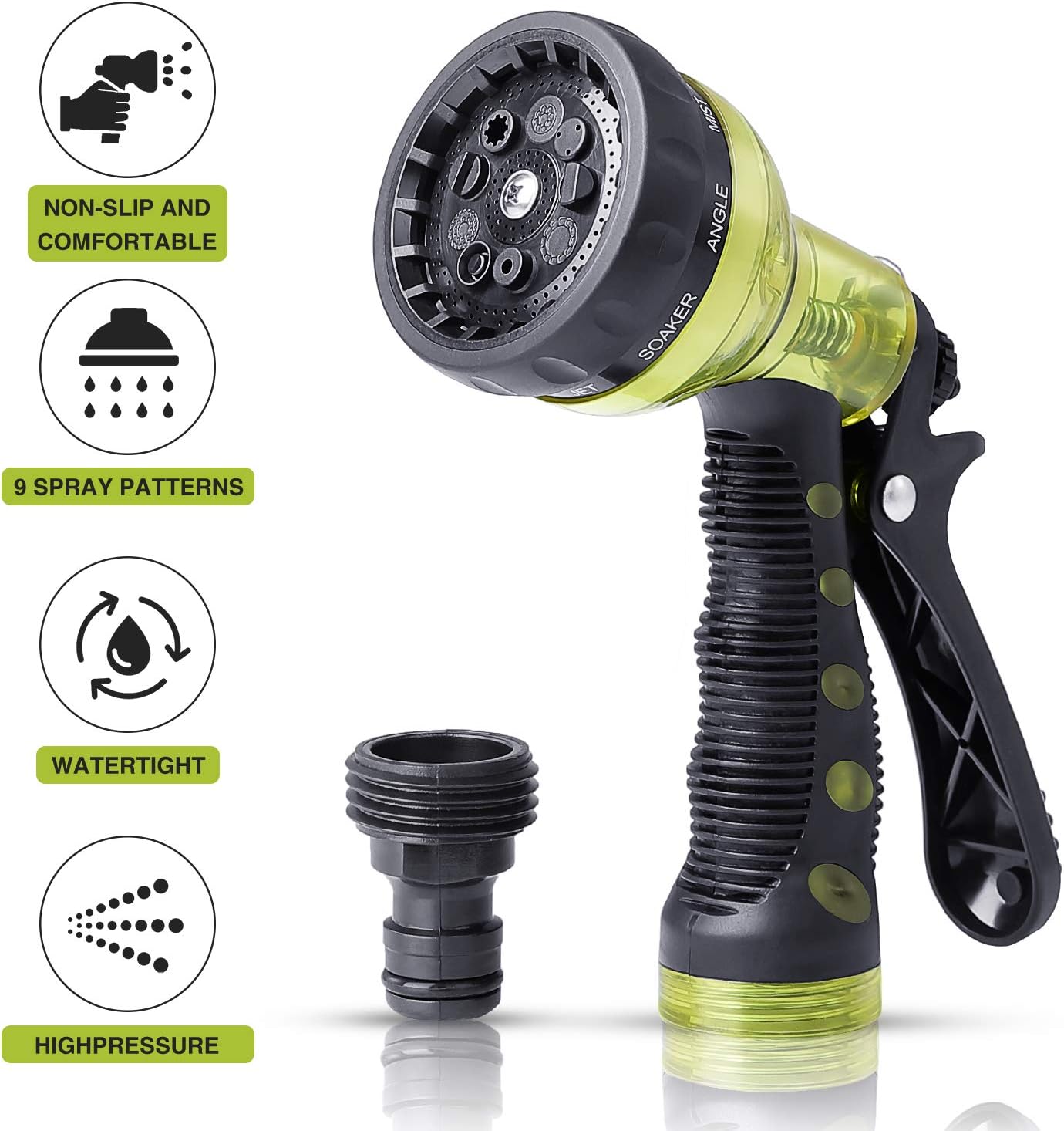 Garden Hose Nozzle, Hose Spray Nozzle, Water Hose Nozzle with 9 Adjustable Watering Patterns, Heavy Duty Hose Nozzle for Watering Plants, Cleaning, Car Wash and Showering Pets, Slip and Shock Resistant : Garden & Outdoor