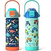 Kids Insulated Water Bottle with Pop-Open Straw & Spout 2-in-1 Lid, 18oz Leak Proof 18/8 Stainless Steel Vacuum Tumbler, BPA-Free Kids Cup For Travel School Boys Girls Toddler, Dinosaur & Monster Car