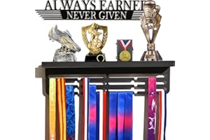 TL TONLOK Trophy and Medal Display Shelf , Medal Holder Display with Wooden Trophy Shelf , Medal Hanger Display , Race Medal Rack for Gymnastics... always earnd never given with 50+ easy to install (black)