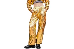 Perfashion Cargo Pants for Girls Hip Hop Dance Metallic Y2K Neon Drawstring Parachute Wide Leg Jogger 4-13Y