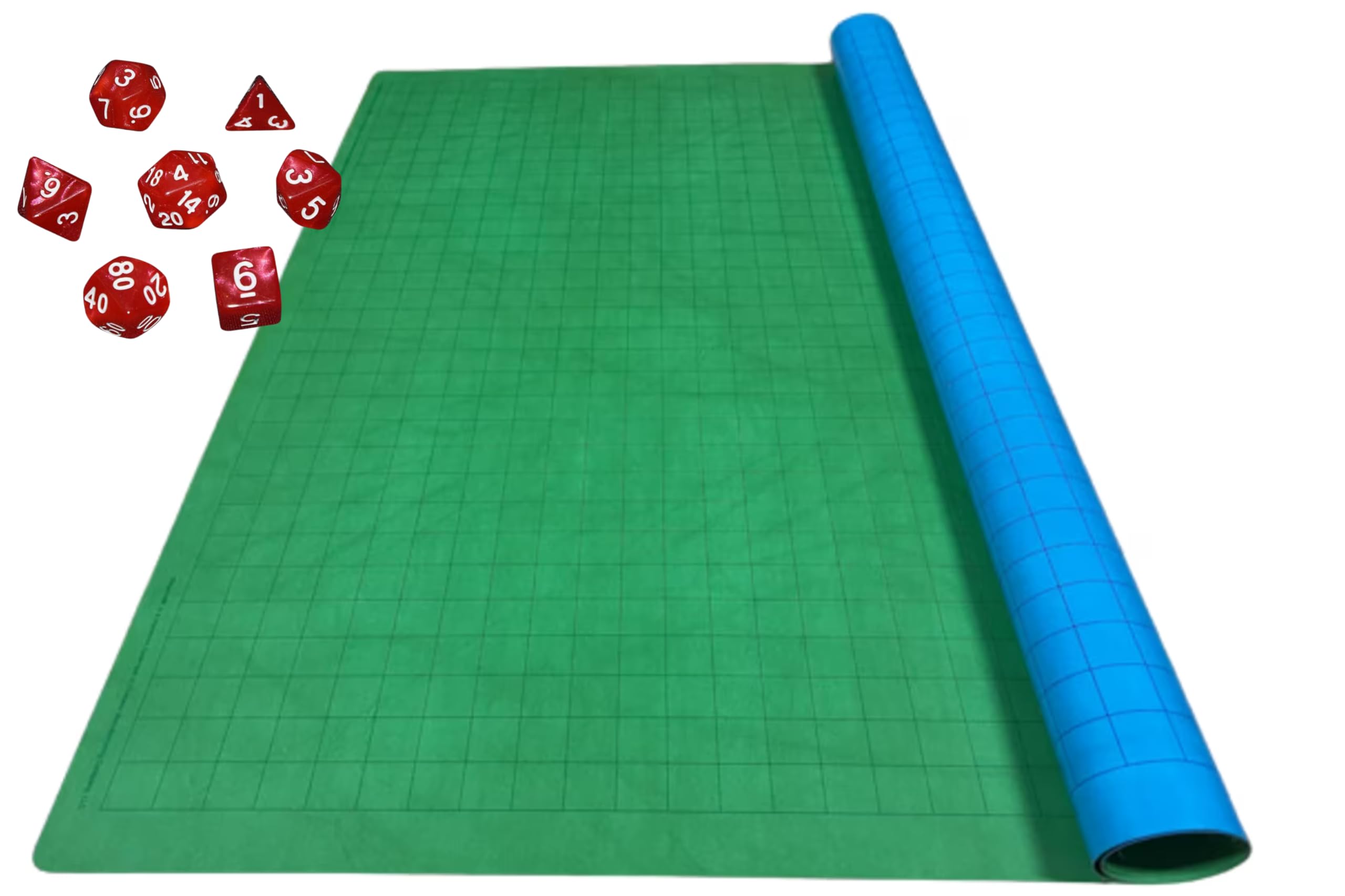 Chessex DnD Battle Mat - Blue Green Neoprene Mat 26" x 23.5" - Double Sided DnD Map Grid - One Inch Squares - Red Polyhedral Dice Set - Role-Playing Dry Esase Battle Grid - Adventure Grid Battlemap
