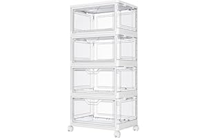 Kmiectse Clear Storage Bins with Lids,4 Tier Plastic Bins with Wheels,Stackable Storage Bin,Closet Organizers Box for Bedroom,Living Room,Toy,23 QT Folding Box with Magnetic door