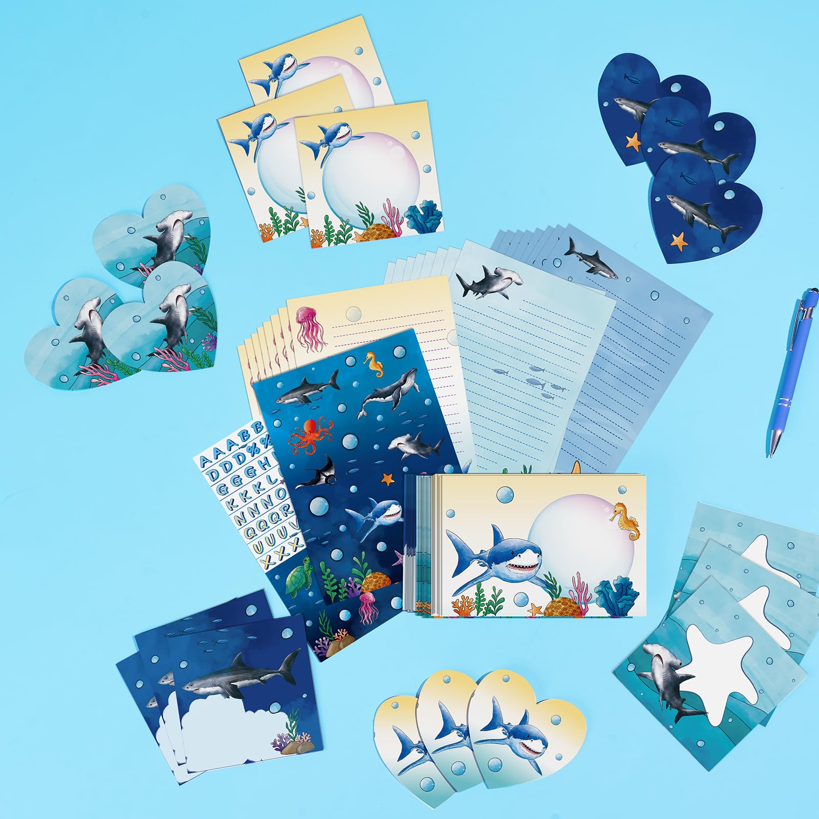 Kids Writing Paper and Envelopes - Shark Letter Writing Set for Kids Writing Paper Set Boys Stationery Set Teen Penpal Kit Ocean Paper Letter Writing Set with Envelopes and Writing Pen